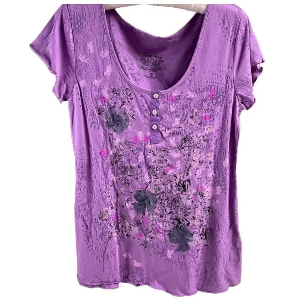 Nine West Ladies Pullover Scoop Neck Top, Size Small, Purple Floral,Sequins, NWT